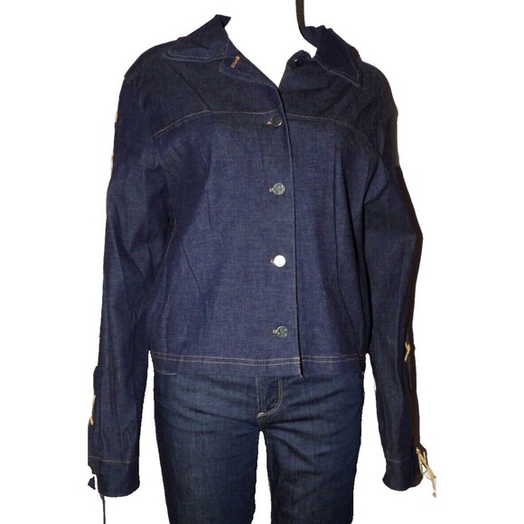 GDS Goddess Denim Jean Button Up Blouse Shirt Laced Up Sleeves Vintage Size XL - Picture 1 of 14